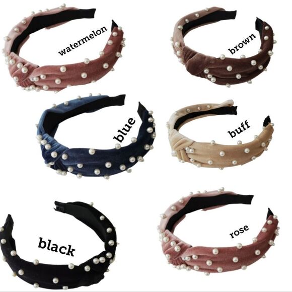CHOOSE YOUR COLOR Pearl Studded Top Knot Velvet Headband NEW - Picture 3 of 9